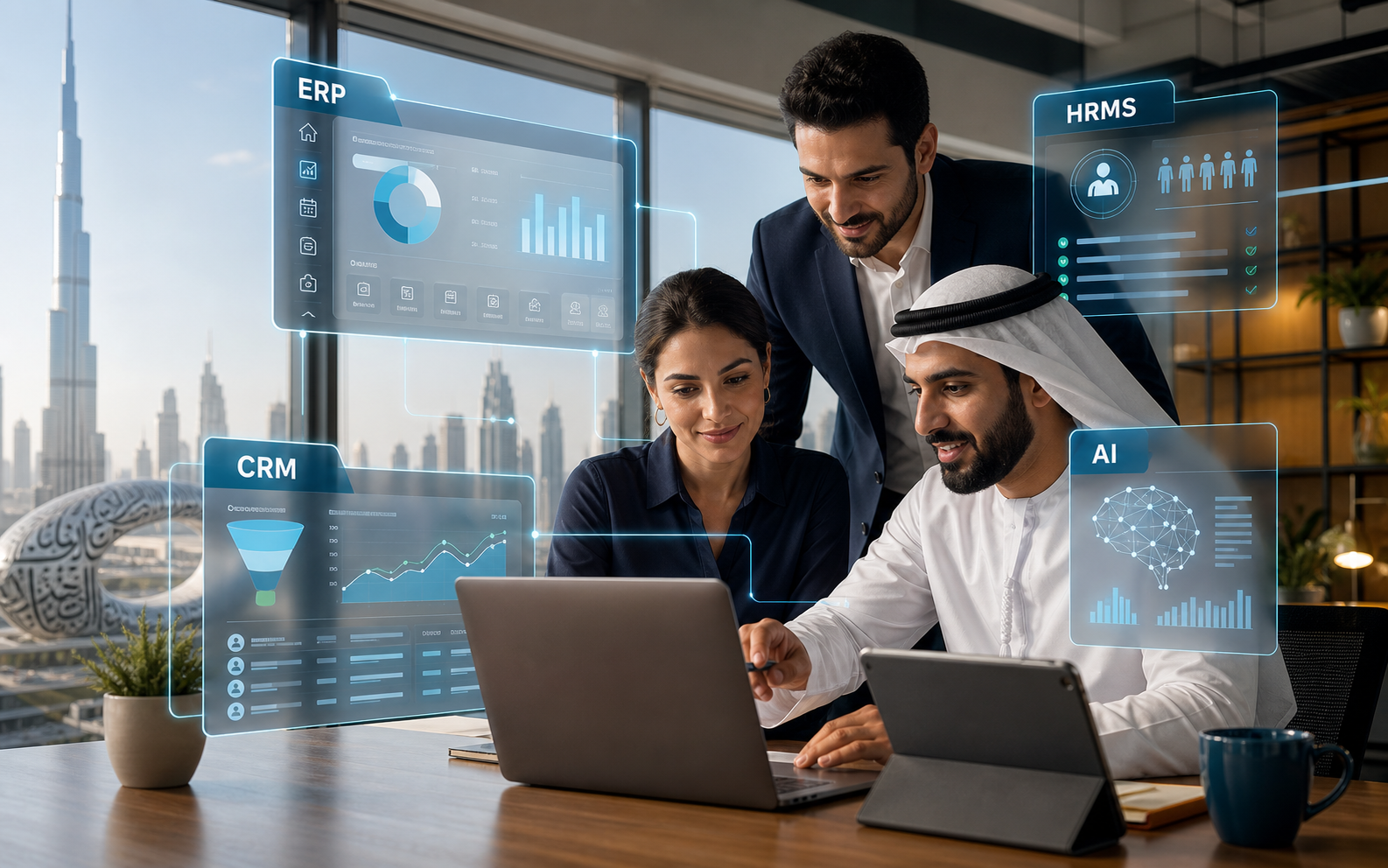 Small business team using ERP, HRMS, CRM, and AI dashboards